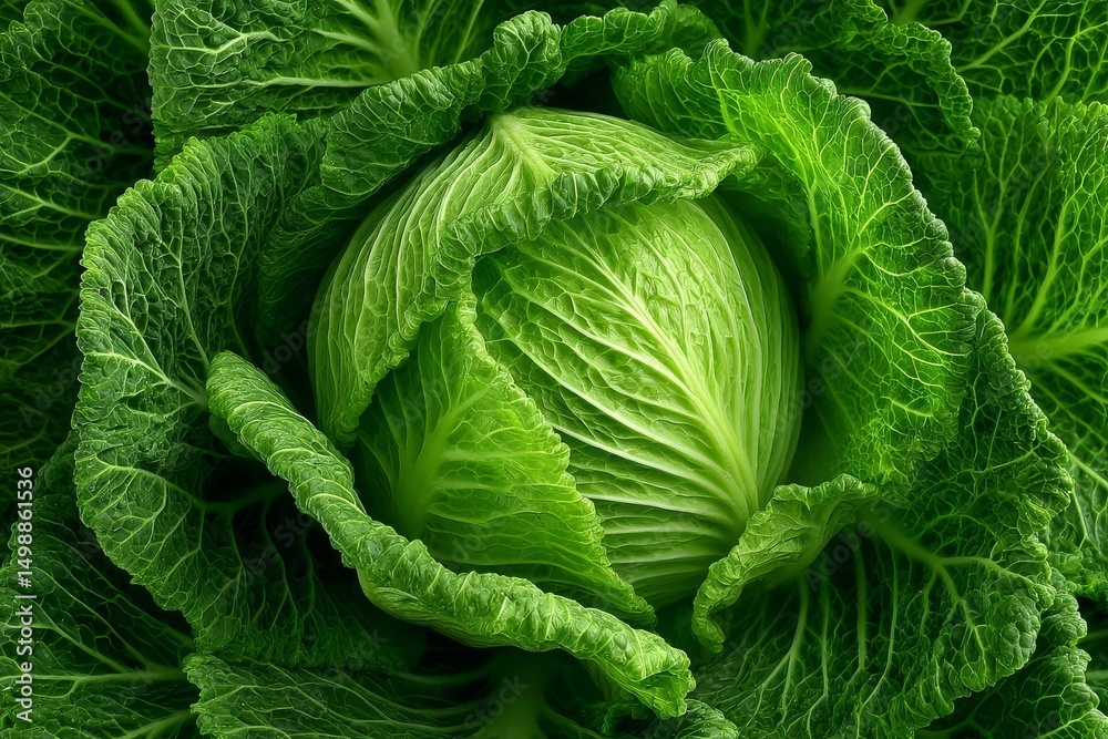 Obraz premium Close-up view of a fresh green cabbage with textured leaves.