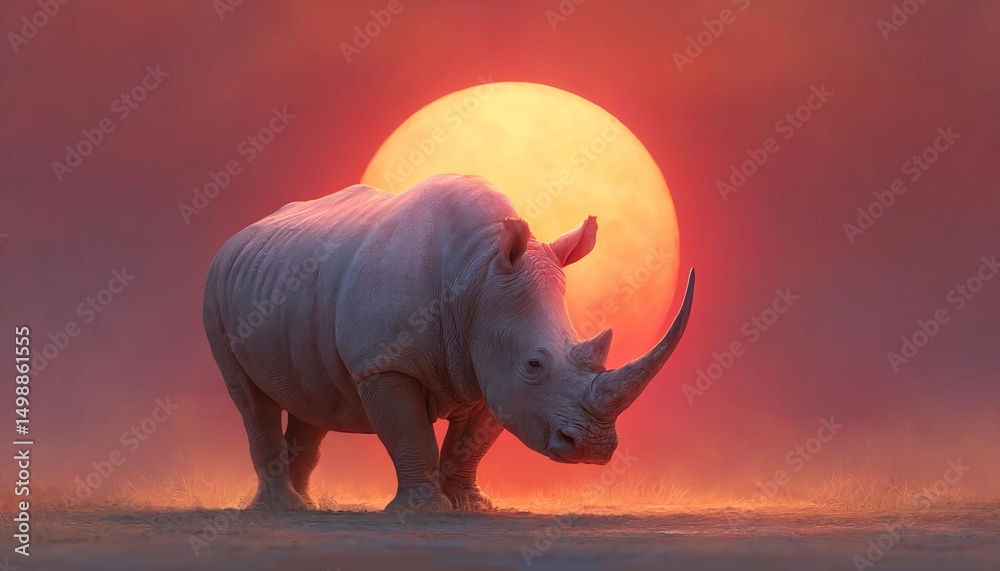 Fototapeta premium A majestic rhinoceros silhouetted against a vibrant sunset.