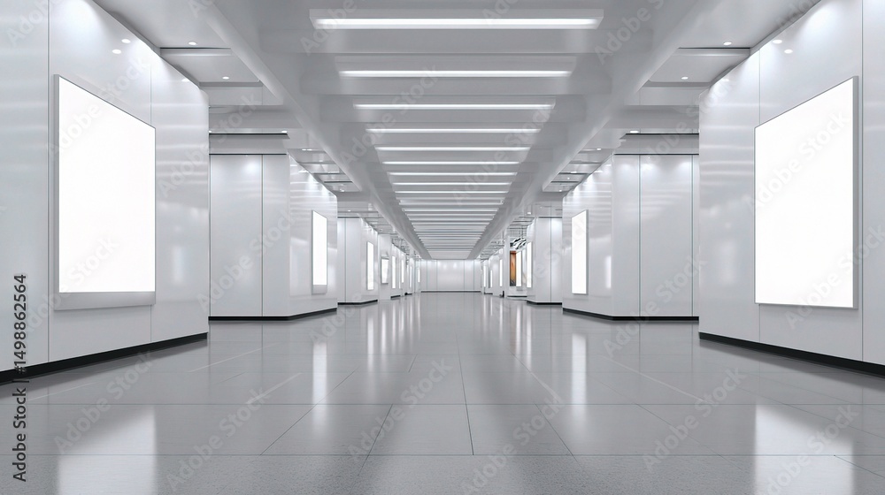 Fototapeta premium Spacious Empty White Hall with Large Digital Display Posters