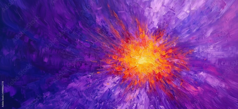 Vibrant abstract painting with explosion of orange and yellow against purple background Vibrant abstract painting with explosion of orange and yellow against purple background