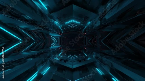 Traveling Through Geometric Tunnel with Neon Lights