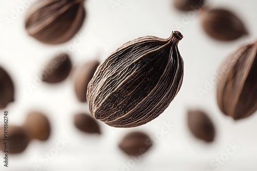 Black cardamom pods falling spice background