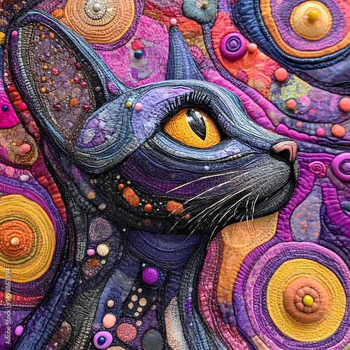 Detailed, colorful quilted cat portrait.
