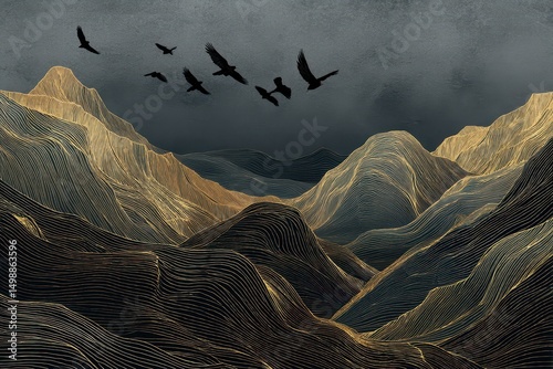 Gold Line Art Mountain Range Landscape