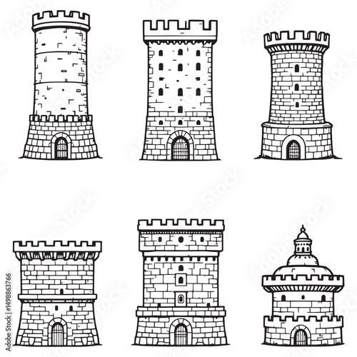 ancient defense stone tower historic fortress line art vector
