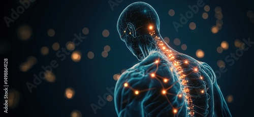 Human spine and nervous system visualization with glowing neural connections