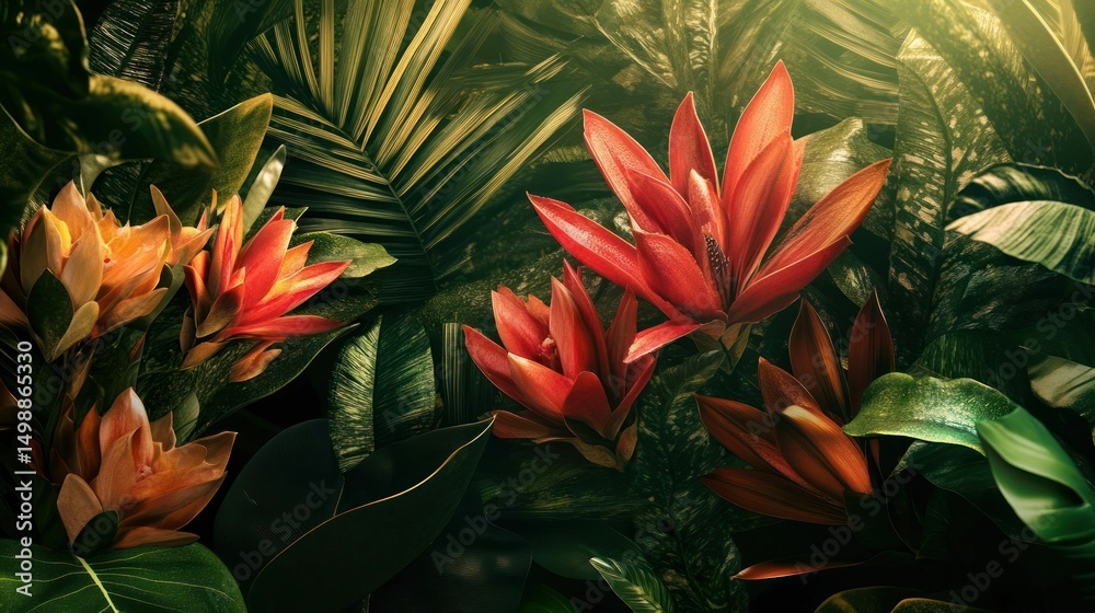 Naklejka premium Lush Tropical Foliage with Vibrant Red and Orange Blooms