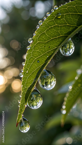 Title: Close-up of a Green Leaf with Hanging Water Droplets and a Blurred Background