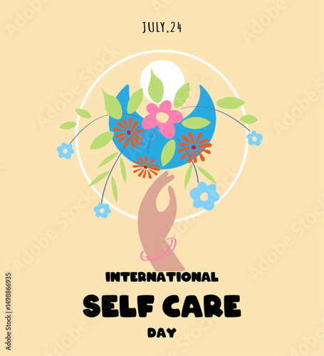 International self care day 24 July with flowers, vector illustration
