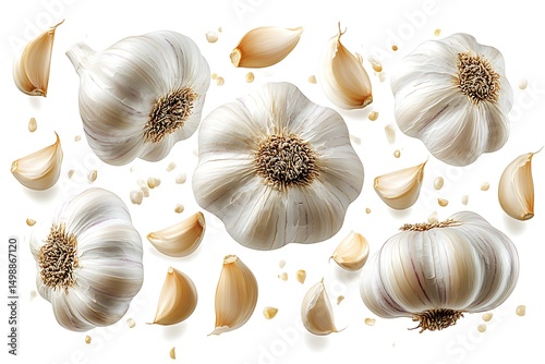 Fresh garlic bulbs cloves isolated white background