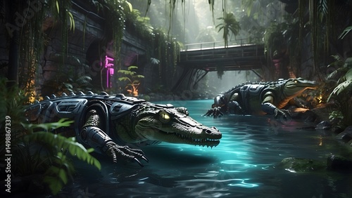 A futuristic jungle river with glowing robotic crocodiles, Cinematic theme, HDR, Vibrant