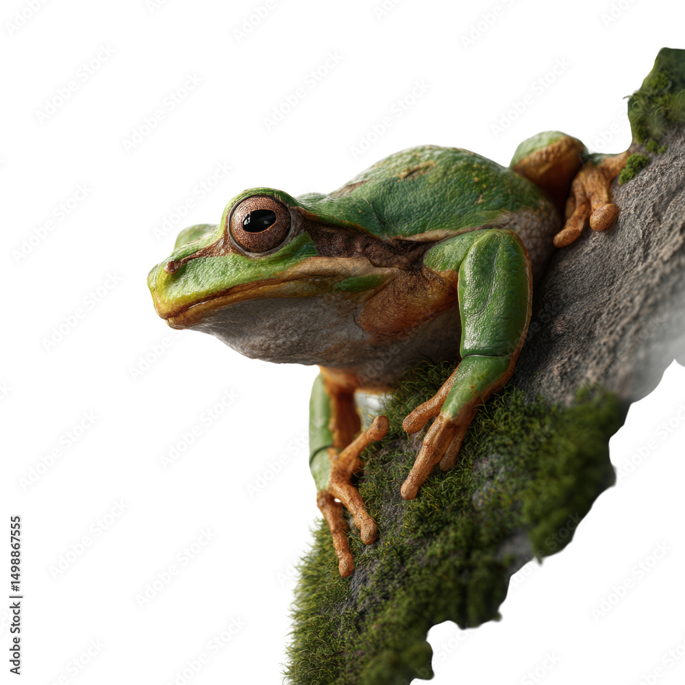 Naklejka premium Nature frog on mossy rock transparent background close-up photography outdoor setting macro view wildlife concept