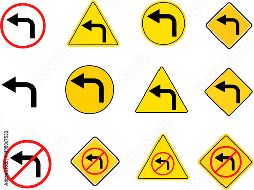 Turn Left and no turn left sign set. driving navigation icon. traffic direction and Road safety. warning road sign