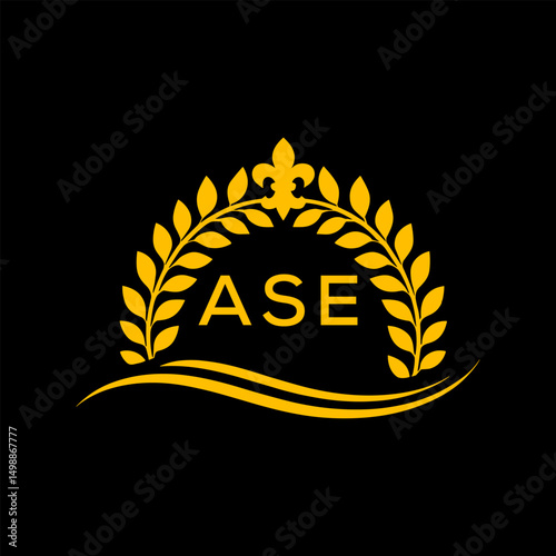 ASE Letter Logo. Luxury Laurel Wreath Logo with ASE Letters on Black Background.
