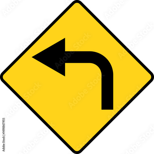Left Turn symbol.  sharp turn warning. turn left sign. driving navigation icon. traffic direction and Road safety. warning road sign
