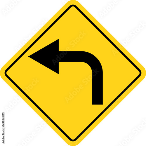 Left Turn symbol.  sharp turn warning. turn left sign. driving navigation icon. traffic direction and Road safety. warning road sign
