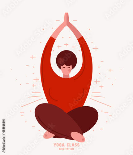 Illustration of body positive woman doing yoga in lotus position. Stylized flat graphic style for your design. Color print on white background