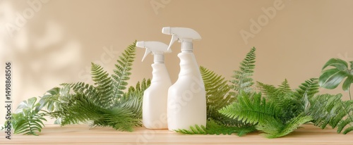 The elegant arrangement of cleaning spray bottles surrounded by lush greenery