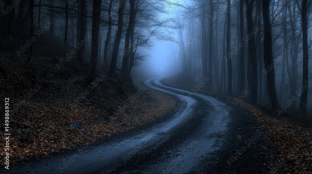 Obraz premium Misty forest road curves into unknown