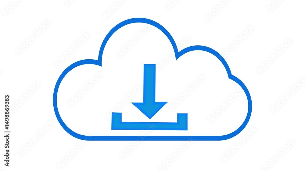 Blue arrow pointing down in cloud download animation, symbolizing data retrieval from the cloud and smooth digital file transfer process. Blue arrow pointing down in cloud download animation, symbolizing data retrieval from the cloud and smooth digital file transfer process.