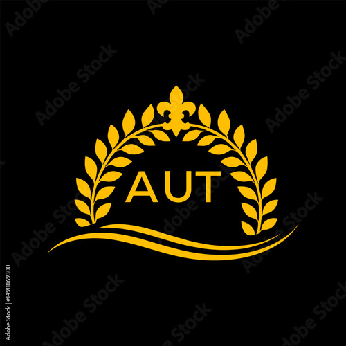 AUT Letter Logo. Luxury Laurel Wreath Logo with AUT Letters on Black Background.
