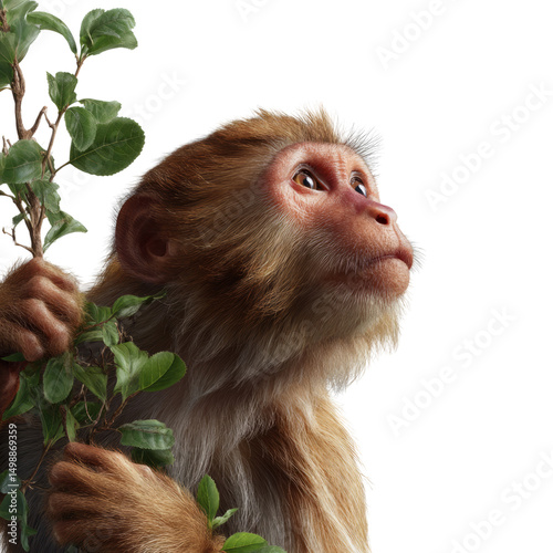 Curious monkey surrounded by greenery jungle digital art bright environment close-up transparent background