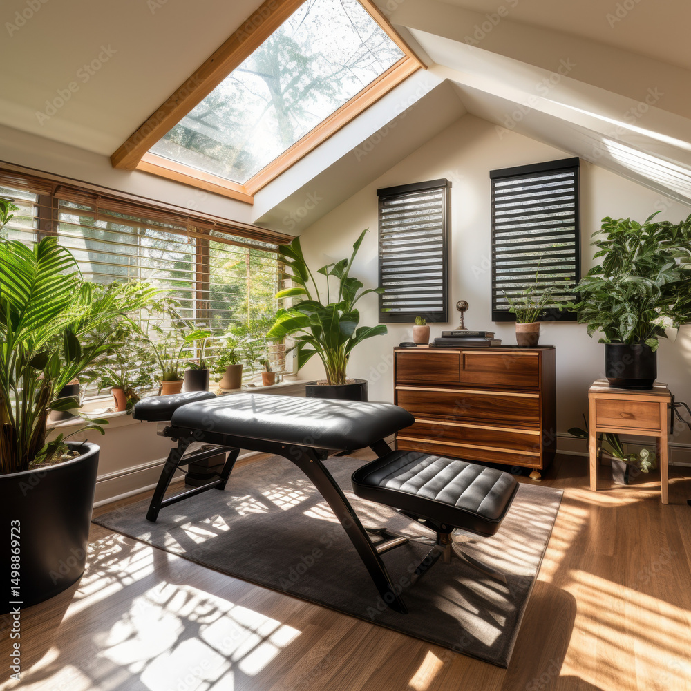 Fototapeta premium Modern living room with wooden furniture and large windows showing a view