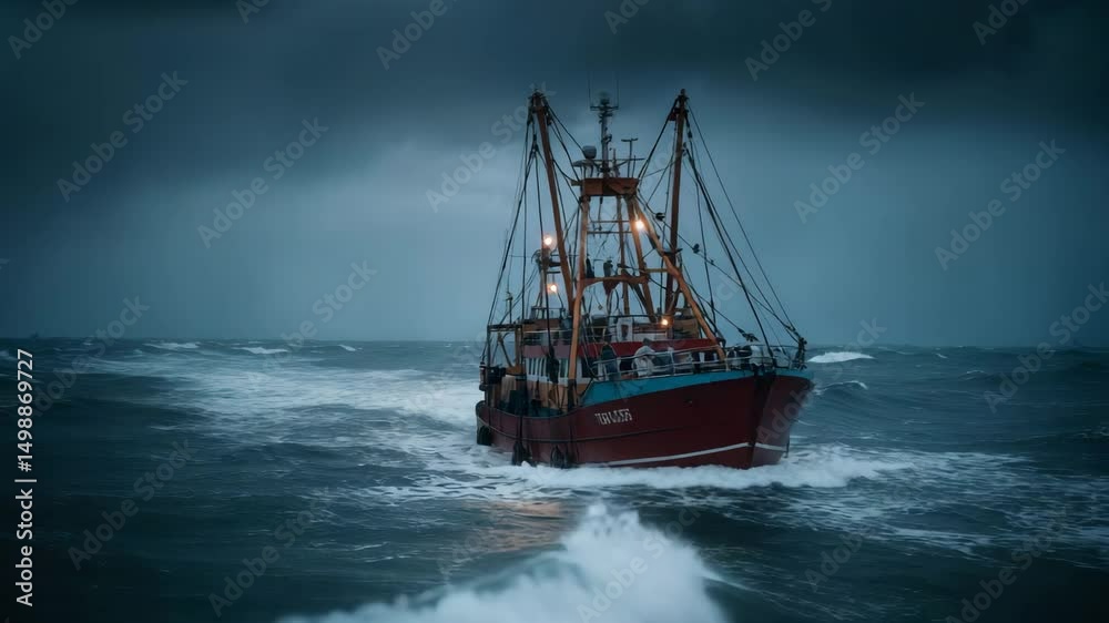 Massive industrial fishing trawler hauling net full of fish in stormy sea, high-intensity seafood expo