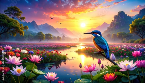Kingfisher on Blooming Lotus Riverbank at Sunset – Vibrant Nature Landscape with Colorful Wildflowers and Mountains