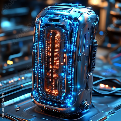 Futuristic technological device with glowing internal components.