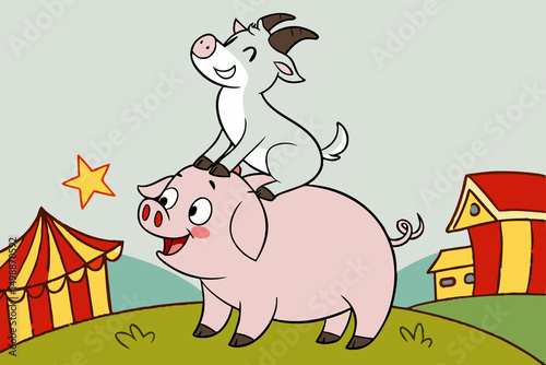 Cute goat balances on happy pig in cheerful farm setting with circus tent