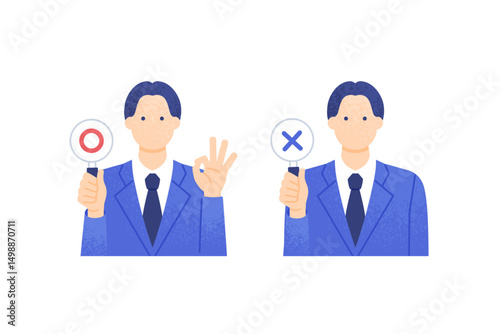 正解不正解ボードを持つ男性会社員 ジャッジするビジネスマンのベクターイラスト素材