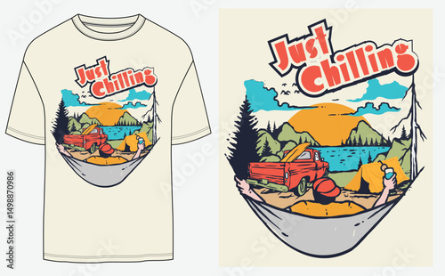 This design captures a laid-back, nostalgic outdoor scene with a retro vibe. The illustration features a person relaxing in a hammock, holding a drink while gazing at a picturesque mountain and lake
