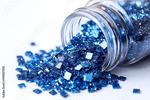 Sparkling blue glitter spilling from jar