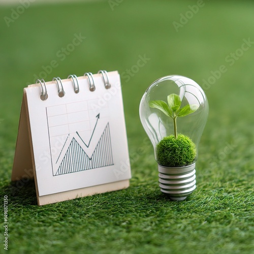 Green Plant Inside Light Bulb on Chart Paper with Growth Trend