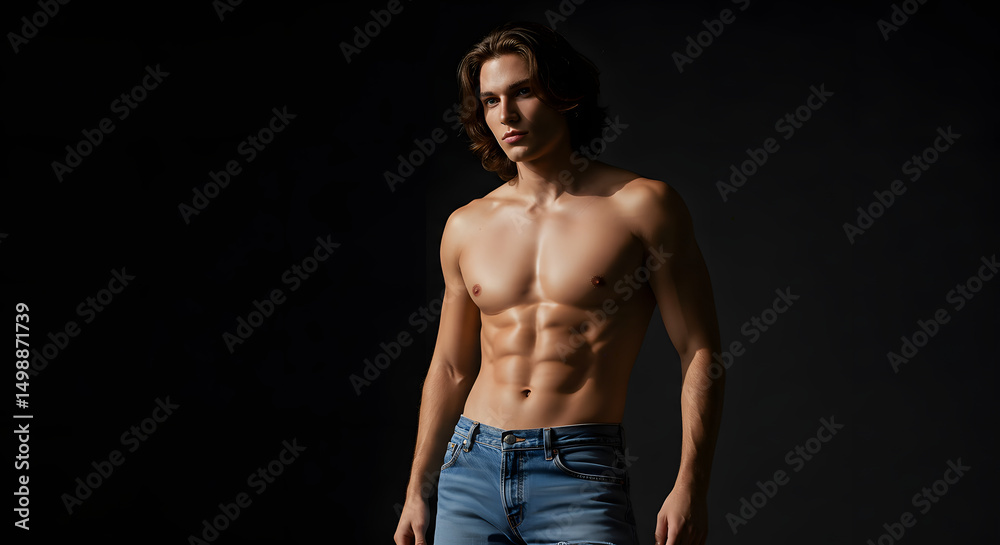 Fototapeta premium Shirtless man with abs in blue jeans