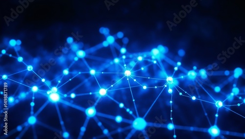 AI neural network with glowing nodes and connecting lines over dark digital background, technology concept