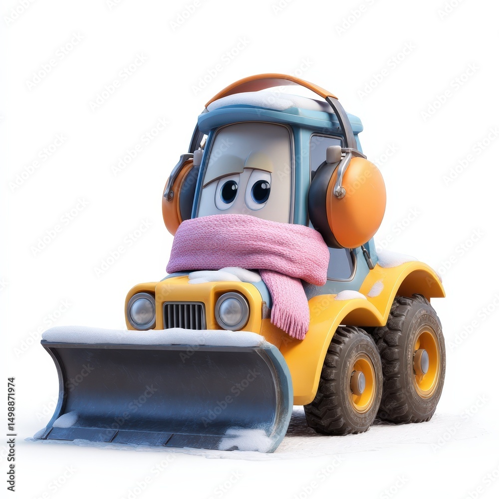 Fototapeta premium Adorable Cartoon Snowplow Wearing Earmuffs and Scarf in Snowy Winter Scene