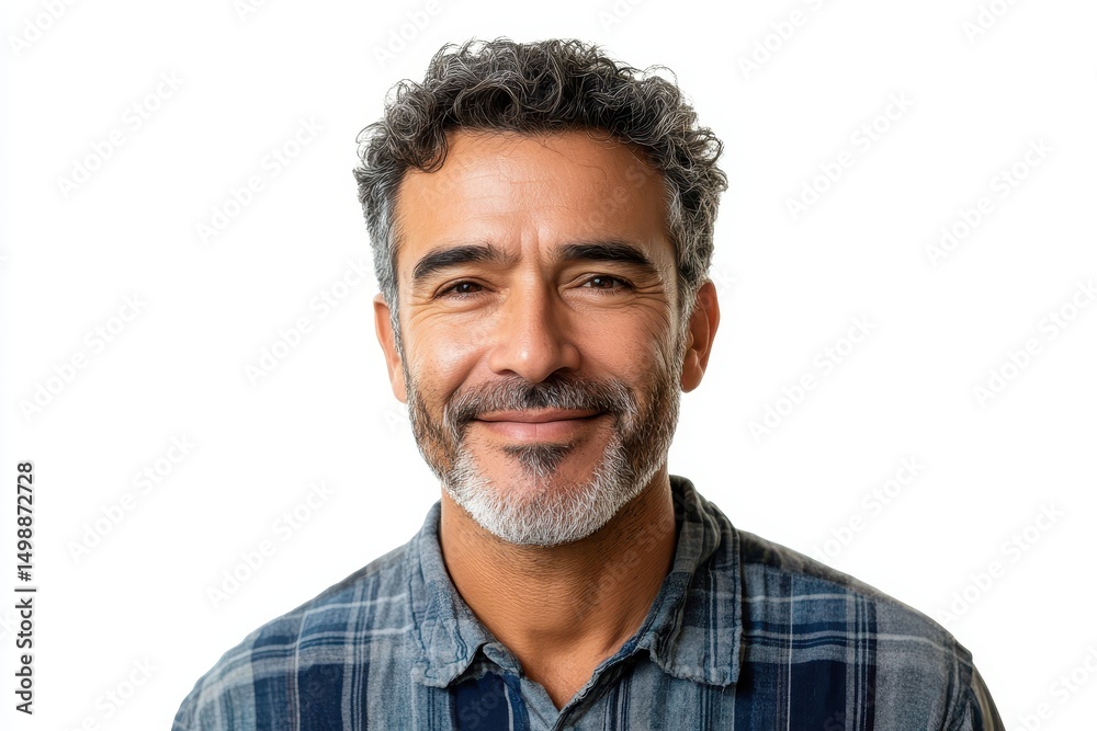 Mid aged Brazilian man smiles warmly in casual attire against a plain background during a relaxed afternoon at home Mid aged Brazilian man smiles warmly in casual attire against a plain background during a relaxed afternoon at home