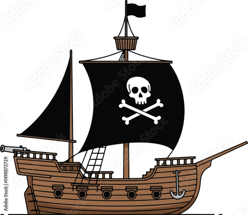 A classic cartoon illustration of a Classic wooden pirate ship featuring a bold Jolly Roger flag