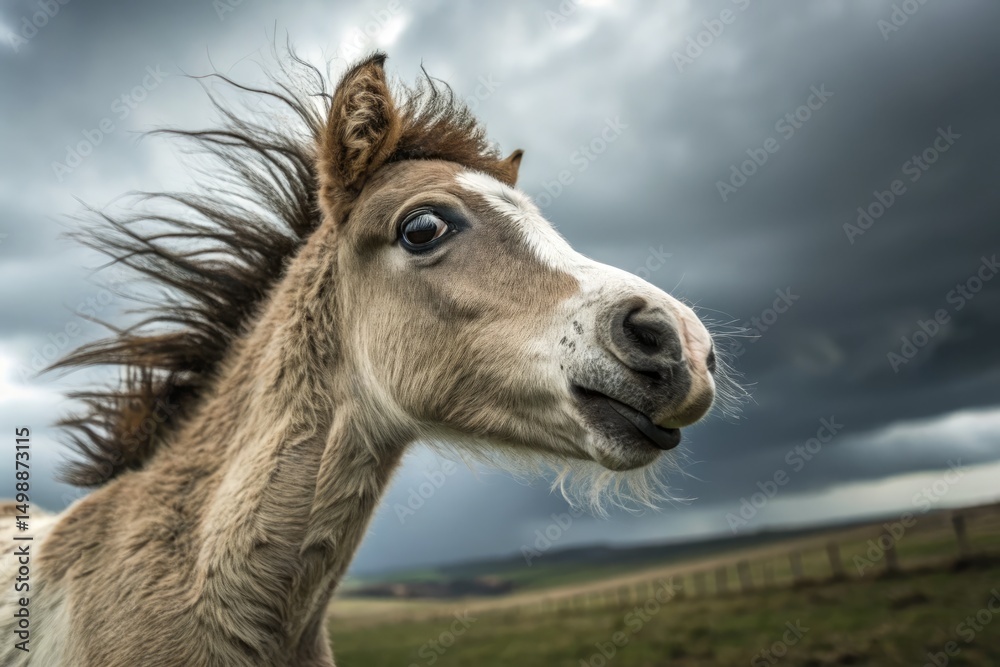 Obraz premium Close up portrait of a curious foal with windblown mane in a dramatic sky