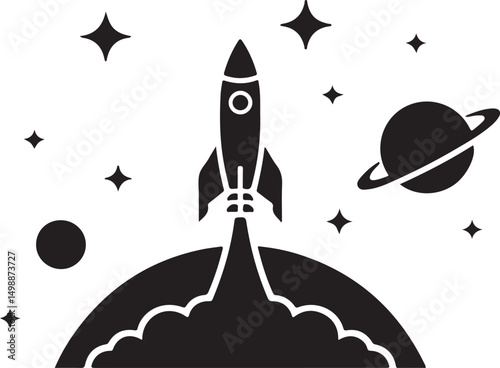 Space Rocket Launch Silhouette Clipart: An Exciting Cosmic Journey Illustration with Planets and Stars for Digital Design