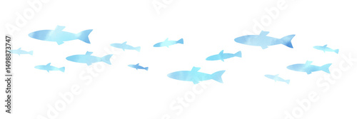 水彩風   水色の魚の群れが泳ぐ背景イラスト