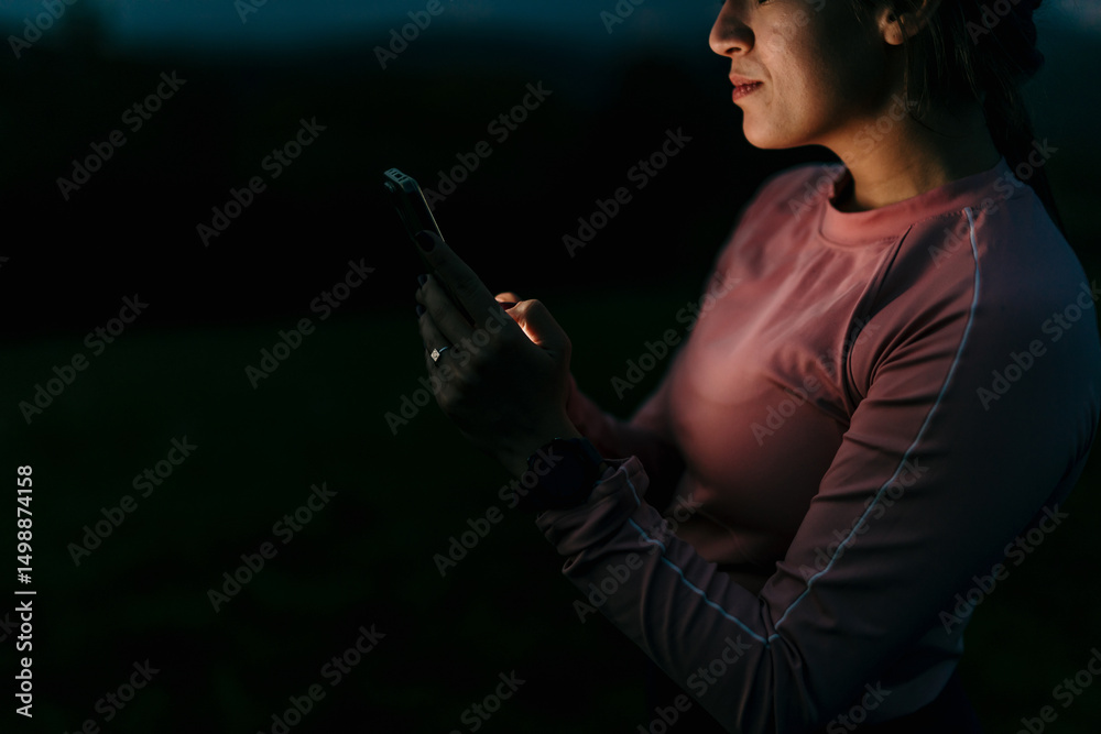 Fototapeta premium Sportswoman using smartphone in the dark after sunset