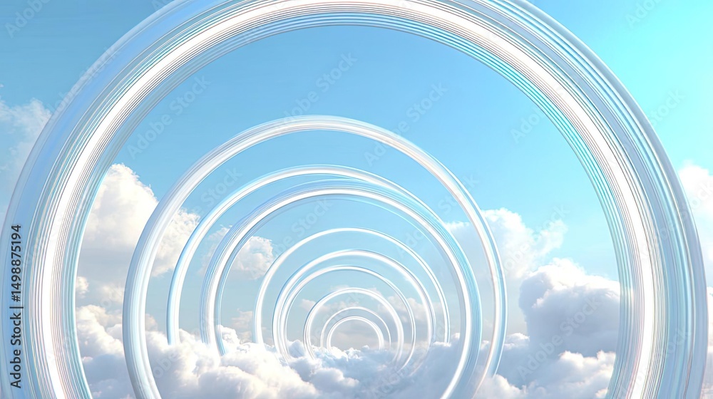 Fototapeta premium Positive energy through peace and meditation in therapy concept. A serene view with luminous rings amidst fluffy clouds and blue sky.
