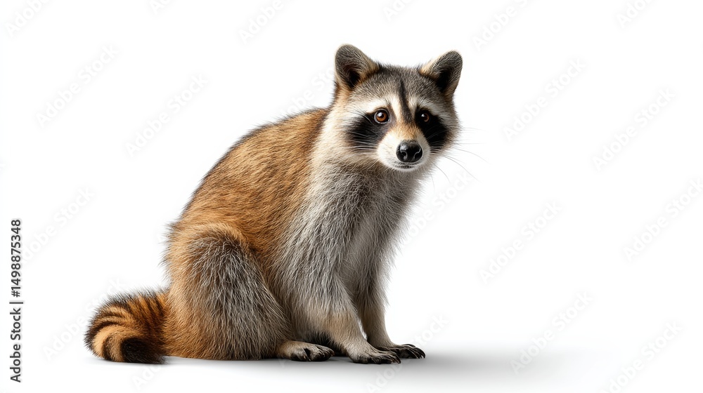 Obraz premium Raccoon is sitting on the ground and looking at the camera. The image has a calm and peaceful mood, as the raccoon appears to be relaxed and not in a hurry