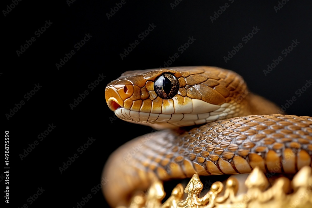 Fototapeta premium A golden-brown snake with black eyes on a black background. The snake is coiled