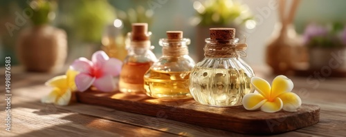 Aromatherapy with escape and peace in balance concept. Aromatic oils in glass bottles with flowers on a wooden table.