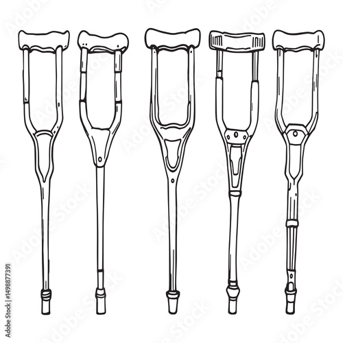 Black and white linear drawing of walking crutches aids