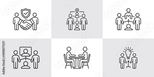 Set of 6 Teamwork and Collaboration Icons Representing Networking, Brainstorming, Leadership, Business Meetings, Partnership, and Group Communication